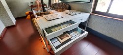 Innenaufnahme in „Brehm’s Welt“, Glasvitrine mit ausgestellten Exponaten, darunter ausgestopfte Tiere und Informationsmaterial.