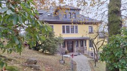Gelbes Haus im Herbst, Weg zum Eingang, Bäume im Vordergrund.